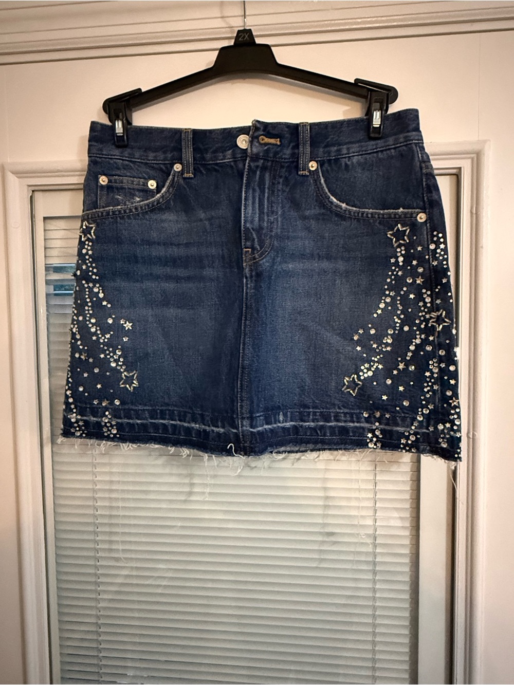 NWOT Baykan Dark Blue Rhinestone Star Studded Denim Mini Skirt
